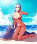  ahoge beach bikini blue_hair breasts cleavage cloud day front-tie_top highres huge_breasts idolmaster idolmaster_(classic) inflatable_orca inflatable_toy kneeling long_hair looking_away miura_azusa outdoors parted_lips red_bikini red_eyes saiste side-tie_bikini sky solo sunlight swimsuit 