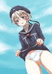  bad_id bad_pixiv_id blue_eyes blush bow bow_panties bulge clothes_writing cloud crossdressing day dress dress_lift genderswap genderswap_(ftm) hat kantai_collection kurita_(kuritanatsu) looking_at_viewer male_focus open_mouth otoko_no_ko panties penis_in_panties sailor_dress sailor_hat short_hair silver_hair sky smile solo underwear white_panties z1_leberecht_maass_(kantai_collection) 