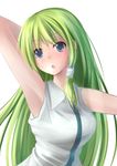  armpits blue_eyes breasts green_hair hair_tubes highres kochiya_sanae long_hair medium_breasts nicoby open_mouth shirt sleeveless sleeveless_shirt solo touhou 