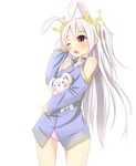  animal_ears bunny bunny_ears carrying detached_sleeves drooling hair_ornament hawe_king long_hair one_eye_closed open_mouth original pajamas panties pink_panties red_eyes rubbing_eyes simple_background solo two_side_up underwear white_background white_hair 