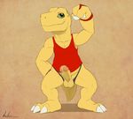  agumon anthro balls biceps claws clothing digimon dreiker erection fist flexing green_eyes humanoid_penis looking_at_viewer male muscles penis precum shirt solo standing tank_top thong tight_clothing toe_claws 