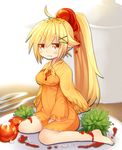  barefoot blonde_hair blush breasts food jitome ketchup long_hair looking_at_viewer medium_breasts mofuaki omurice original personification ponytail sitting solo wariza 