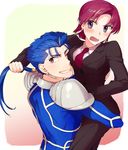  1girl bazett_fraga_mcremitz blue_hair fate/hollow_ataraxia fate_(series) head_on_chest lancer long_hair misoiri_(gokutsubushi) mole mole_under_eye ponytail purple_eyes purple_hair red_eyes tears 