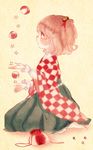 ball bell checkered hair_bell hair_ornament highres japanese_clothes jingle_bell kimono long_sleeves marble motoori_kosuzu open_mouth red_eyes red_hair short_hair sitting skirt solo touhou toy two_side_up wide_sleeves yujup 