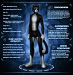  adam_sung black_fur blue_eyes cat clothing dan_scarlet feline fur looking_at_viewer male mammal model_sheet pink_nose sci-fi skinny solo superhero superpowers text topless underwear white_fur 