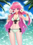  bad_id bad_pixiv_id beach bikini bracelet breasts cloud day flower food hair_flower hair_ornament hair_ribbon highres holding jewelry lips long_hair medium_breasts navel ocean outdoors pink_hair pintail popsicle purple_eyes ribbon seoji sky solo swimsuit sword_girls twintails water 