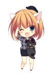  ;d animal_ears aqua_eyes blush brown_hair cat cat_ears chibi fang hat izumiyuhina looking_at_viewer one_eye_closed open_mouth original salute short_hair simple_background smile solo white_background 