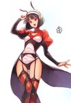  black_hair black_legwear black_panties garter_belt ghost_sweeper_mikami hairband hat kawakami_rokkaku luciola open_mouth panties red_eyes red_legwear short_hair solo thighhighs underwear 