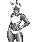  anthro black_and_white bloomers breasts canine clothed clothing collar doberman dog female greyscale hair invalid_tag kikurage looking_at_viewer mammal monochrome muscles muscular_female navel plain_background shirt short_hair skimpy solo tank_top thick_thighs white_background 
