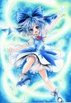  ankle_socks blue_background blue_eyes blue_hair bow cirno colored_pencil_(medium) dated dress gradient gradient_background hair_bow ice jumping knee_up light_trail looking_at_viewer mary_janes mosho open_mouth outstretched_arms panties pantyshot pantyshot_(standing) petticoat ribbon ribbon-trimmed_legwear ribbon_trim shoes short_hair short_sleeves signature solo spread_arms standing striped striped_panties touhou traditional_media underwear watercolor_(medium) wings 
