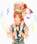  1girl ^_^ biting blonde_hair braid carrying closed_eyes fang flandre_scarlet genderswap genderswap_(ftm) hands_together hat hat_biting hat_ribbon highres hong_meiling kneehighs long_sleeves mob_cap no_shoes pointy_ears puffy_short_sleeves puffy_sleeves red_hair ribbon short_hair short_sleeves shoulder_carry side_ponytail simple_background sketch smile star tian_(my_dear) touhou twin_braids v_arms vest white_background white_legwear wings wrist_cuffs 