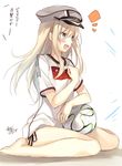  1girl 2014_fifa_world_cup :d ball bare_legs barefoot bismarck_(kantai_collection) blonde_hair blue_eyes blush brazuca excited germany hat highres kantai_collection long_hair open_mouth panties side-tie_panties sideways_mouth sitting sketch smile soccer soccer_uniform solo sportswear tears toosaka_asagi translated underwear wariza world_cup 
