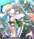  2012 bare_shoulders blue_hair bracelet detached_sleeves dutch_angle green_eyes green_nails hat japanese_clothes jewelry kentairui leaf long_hair looking_down lord_of_knights nail_polish obi petals sash smile solo thighhighs tree very_long_hair 