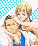  1boy 1girl bare_shoulders blonde_hair breasts brother_and_sister brown_eyes buzz_cut cleavage grey_hair grin haikyuu!! open_mouth piercing short_hair siblings smile tanaka_ryuunosuke tanaka_saeko_(haikyuu!!) 