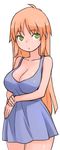  bail blonde_hair blue_dress breasts cleavage dress green_eyes large_breasts long_hair looking_at_viewer original short_dress simple_background solo white_background 
