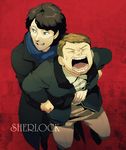  bad_id bad_pixiv_id blue_eyes brown_hair character_name closed_eyes coat commentary_request copyright_name from_above highres jacket john_hamish_watson long_sleeves looking_to_the_side male_focus multiple_boys open_clothes open_jacket open_mouth pants red_background scarf sherlock_(bbc) sherlock_holmes sherlock_holmes_(sherlock) simple_background smile standing sweatdrop sweater t_k_g teeth the_adventures_of_sherlock_holmes wince 