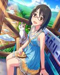  artist_request black_hair bracelet brown_eyes cat cloud day dutch_angle glasses idolmaster idolmaster_cinderella_girls jewelry kamijou_haruna necklace official_art pink-framed_eyewear rainbow short_hair sitting sky smile solo wet 