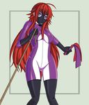  1girl argrim blue_eyes dominatrix flogger gas_mask gloves high_school_dxd latex latex_gloves latex_suit latex_thighhighs long_hair red_hair rias_gremory rope solo 
