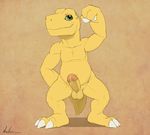  agumon anthro balls biceps claws digimon dreiker erection fist flexing green_eyes humanoid_penis looking_at_viewer male muscles nude penis precum raised_arm solo standing toe_claws 