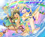  :d animal_ears anklet aqua_eyes banjo bare_legs barefoot bastet_(p&amp;d) black_hair cat_ears cat_tail crown dark_skin fang feet green_eyes hair_ornament hair_tubes hawe_king headgear holding instrument jewelry lakshmi_(p&amp;d) long_hair looking_at_another multicolored_hair multiple_girls navel necklace open_mouth ponytail purple_hair puzzle_&amp;_dragons rainbow sitar sitting smile soles staff tail toes two-tone_hair 