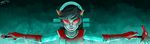  black_hair cane fangs glasses gloves grey_skin grin homestuck horns jesscookie libra lipstick makeup red-tinted_eyewear red_gloves red_sclera sharp_teeth short_hair smile teeth terezi_pyrope troll_(homestuck) vest weapon 