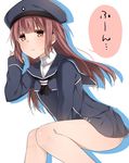 alternate_hair_length alternate_hairstyle brown_eyes brown_hair downscaled dress hand_in_hair hat highres kantai_collection long_hair md5_mismatch resized sailor_dress sailor_hat sitting solo thighs white_background yamasuta z3_max_schultz_(kantai_collection) 