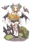  :d demon_horns demon_wings fang food fruit giraffe_print highres hooves horns mofuaki open_mouth original pointy_ears short_hair simple_background smile solo tail white_background wings 