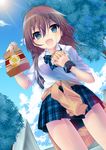  :d bad_id bad_pixiv_id bag blue_eyes bow brown_hair clothes_around_waist cloud day fang food from_below hamburger haruta_(806060) open_mouth original paper_bag plaid plaid_skirt school_uniform short_hair skirt sky smile solo sweater sweater_around_waist 