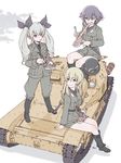  anchovy anzio_(emblem) anzio_military_uniform belt black_footwear black_hair black_shirt blonde_hair blush boots braid brown_eyes carpaccio carro_veloce_cv-33 caterpillar_tracks dagger dress_shirt drill_hair eating emblem food girls_und_panzer grey_jacket grey_pants ground_vehicle hair_ribbon jacket knee_boots long_hair long_sleeves military military_uniform military_vehicle motor_vehicle multiple_girls necktie on_vehicle pants pasta pepperoni_(girls_und_panzer) plate ribbon shirt short_hair shoulder_belt smile spaghetti standing tank twin_drills twintails uniform weapon yoshikawa_kazunori 