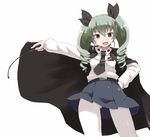 anchovy anzio_school_uniform black_skirt cape drill_hair girls_und_panzer green_hair hair_ribbon hand_on_hip long_hair looking_at_viewer open_mouth pantyhose red_eyes ribbon riding_crop school_uniform skirt solo twin_drills white_background white_legwear wk_(low-f) 