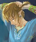  blonde_hair blue_eyes earrings highres jewelry link long_hair male_focus momoyoshi pointy_ears ponytail solo the_legend_of_zelda the_legend_of_zelda:_breath_of_the_wild 