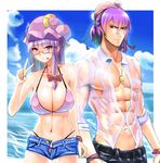 1girl :p abs bad_id bad_pixiv_id bespectacled bikini bow bracelet breasts brother_and_sister cleavage crescent cutoff_jeans cutoffs glasses hair_bow hat highres jewelry large_breasts long_hair muscle navel necklace o-ring o-ring_top patchouli_knowledge purple purple_hair red_eyes shiny shiny_skin shirt short_shorts shorts siblings skindentation smile star_destroyer_(pixiv) swimsuit tongue tongue_out touhou v wet wet_clothes wet_shirt 