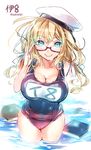  adjusting_eyewear bad_id bad_twitter_id blonde_hair blue_eyes book breasts character_name glasses hat i-8_(kantai_collection) kantai_collection large_breasts long_hair looking_at_viewer low_twintails one-piece_swimsuit puuko_(iberiko_neko) red-framed_eyewear school_swimsuit smile solo swimsuit twintails twitter_username wading water white_background 