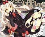  axe bison_cangshu black_gloves bow earrings elbow_gloves gloves headphones jewelry lipstick long_hair looking_at_viewer makeup mayu_(vocaloid) parted_lips smile solo stuffed_animal stuffed_bunny stuffed_toy usano_mimi vocaloid weapon white_hair yellow_eyes 