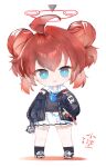  1girl :d ahoge black_jacket black_socks black_sweater blue_archive blue_eyes chibi collared_shirt colored_shadow commentary_request double_bun full_body hair_between_eyes hair_bun halo holding jacket kotatu_(akaki01aoki00) long_sleeves looking_at_viewer maki_(blue_archive) open_clothes open_jacket pleated_skirt puffy_long_sleeves puffy_sleeves red_hair shadow shirt shoes simple_background skirt sleeves_past_wrists smile socks solo spray_can standing sweater two_side_up white_background white_footwear white_shirt white_skirt 