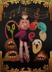 1girl braid brown_hair character_request closed_eyes commentary_request creature expressionless facing_viewer floating_hair flute frog_character_(yume_nikki) full_body ghost holding holding_instrument holding_recorder instrument leg_warmers long_hair low_twin_braids madotsuki music musical_note ornate_border pink_sweater playing_instrument recorder red_footwear red_skirt skirt staff_(music) sweater tokuto-kun turtleneck turtleneck_sweater twin_braids uboa white_leg_warmers xgshjsgha yume_nikki 
