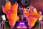 2023 4_toes animal_crossing anisodactyl anthro avian avian_feet barefoot beak bed bedroom_eyes bird blathers_(animal_crossing) bloom bodily_fluids bow_tie brown_body brown_feathers chubby_male claws cum detailed_background digital_media_(artwork) electronics erection feathers feet fluffy fol foot_focus furniture genital_fluids genitals hi_res leaking_precum led_light light light_beam looking_at_viewer lying male narrowed_eyes neon nintendo on_back owl penis pillow pink_penis precum red_cheeks screen seductive slightly_chubby smile soles solo spotlight talons tan_body tan_feathers tapering_penis television toe_claws toes