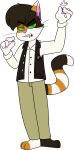 2018 3_toes 4_fingers alpha_channel anthro barefoot biped biting_on_toothpick black_clothing black_topwear black_vest black_whiskers bottomwear brown_markings brown_stripes button_(fastener) calico_cat cat_tail cheek_tuft chokovit_(artist) clothed clothed_anthro clothed_female clothing colored digital_drawing_(artwork) digital_media_(artwork) dixon_vance domestic_cat dress_shirt ear_piercing emanata eye_markings eyebrow_through_hair eyebrows facial_piercing facial_tuft feet felid feline felis female_anthro fingers flash_emanata front_view full-length_portrait fur fur_tuft green_eyes green_sclera grey_piercing hair hi_res leg_markings lip_piercing long_tail looking_at_viewer male mammal markings mottled multicolored_ears narrowed_eyes no_pupils open_mouth orange_markings orange_stripes pants pawpads piebald piercing pink_inner_ear pink_nose pink_pawpads portrait prick_ears school_uniform shirt simple_background snapping_fingers socks_(marking) solo standing striped_markings striped_tail stripes tail tail_markings tan_bottomwear tan_clothing tan_pants teenager teeth toeless_(marking) toes toothpick topwear translucent translucent_hair transparent_background tuft uniform vest whiskers white_body white_clothing white_dress_shirt white_fur white_shirt white_tail white_topwear young