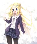  :d black_legwear blonde_hair blue_eyes copyright_name fangs flower hair_bun hair_ornament hairclip hana_n_fountainstand hanayamata holding long_hair looking_at_viewer open_mouth pantyhose pleated_skirt school_uniform senji_(tegone_spike) serafuku skirt smile solo sweater wind 