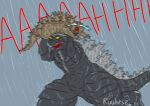 bad_parenting bodily_fluids crying dinosaur duo english_text feral godzilla godzilla_(series) hi_res holding_another kaiju male monsterverse muscular open_mouth raining reptile running ruubeszdraws scales scalie screaming simple_background size_difference spikes spikes_(anatomy) spines tears text toho wet