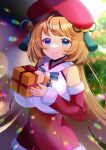  1girl bare_shoulders bell beret blue_eyes blurry blurry_background blush bow box breasts brown_hair closed_mouth commentary_request commission copyright_request depth_of_field detached_sleeves fur-trimmed_skirt fur-trimmed_sleeves fur_trim gift gift_box green_bow hat holding holding_gift kou_hiyoyo large_breasts long_hair long_sleeves looking_at_viewer neck_bell red_headwear red_skirt red_sleeves skeb_commission skirt sleeves_past_wrists smile solo very_long_hair 