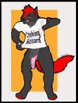 anthro balls black_body canid canine canis clothed clothing digital_media_(artwork) feral.tigress fur furythewolf genitals grey_body hi_res looking_at_viewer male mammal penis red_body red_fur simple_background solo wolf