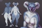 2023 3:2 anthro blue_body blue_fur brown_background closed_smile color_swatch dated ear_piercing ear_stud female front_view fur genitals glistening glistening_eyes humanoid_genitalia humanoid_pussy koala looking_at_viewer lostgoose mammal marsupial model_sheet mouth_closed navel navel_piercing nipple_piercing nipple_ring nipples nude piercing pupils purple_eyes purple_nipples pussy rear_view ring_piercing signature simple_background slit_pupils smile solo standing vombatiform white_body white_fur wide_hips