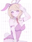  1girl ahoge akamatsu_kaede animal_ears blonde_hair danganronpa_(series) danganronpa_v3:_killing_harmony detached_collar fake_animal_ears fake_tail fishnet_pantyhose fishnets hair_ornament highres leotard long_hair musical_note musical_note_hair_ornament official_alternate_costume pantyhose playboy_bunny pote_(pote_39) rabbit_ears rabbit_tail strapless strapless_leotard tail wrist_cuffs 