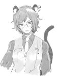  1girl animal_ears blush collared_shirt greyscale highres leopard_ears leopard_tail limbus_company long_sleeves looking_at_viewer monochrome necktie open_mouth outis_(project_moon) project_moon shirt short_hair solo tail uchimura_(rino0525) upper_body vest 