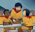  age_difference bad_id bad_pixiv_id bandages belt black_hair blush boo_(ima_soko_ni_iru_boku) brown_hair child dark_skin dark_skinned_male eye_contact ima_soko_ni_iru_boku knife laughing looking_at_another male_focus matsutani_shuuzou multiple_boys nabuca nabuka open_mouth spittle sweatdrop t_k_g tray uniform 