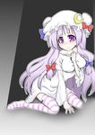  1girl alternate_costume blush bow breasts futa4192 hair_bow hand_on_own_chest highres long_hair looking_at_viewer mob_cap patchouli_knowledge purple_eyes purple_hair sitting solo striped striped_legwear sweat touhou wavy_mouth 