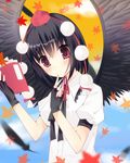  bad_id bad_pixiv_id bird_wings black_gloves black_wings blush breasts brown_hair cloud cloudy_sky day feathers gloves hand_on_own_chin hand_on_own_face hat hat_ribbon ktou3 leaf looking_at_viewer maple_leaf medium_breasts notepad open_mouth puffy_sleeves red_eyes ribbon shameimaru_aya shirt short_sleeves sky solo tokin_hat touhou upper_body wings 