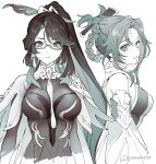  2girls bare_shoulders braid cloud_retainer_(genshin_impact) commentary_request detached_sleeves dress genshin_impact glasses greyscale highres looking_at_viewer madame_ping_(genshin_impact) monochrome multiple_girls otmmro simple_background upper_body white_background xianyun_(genshin_impact) 