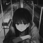  1boy androgynous black-haired_boy_(iwzry) black_hair blunt_bangs car funabashi_(iwzry) greyscale hood hoodie long_hair looking_at_viewer male_focus monochrome motor_vehicle original solo 